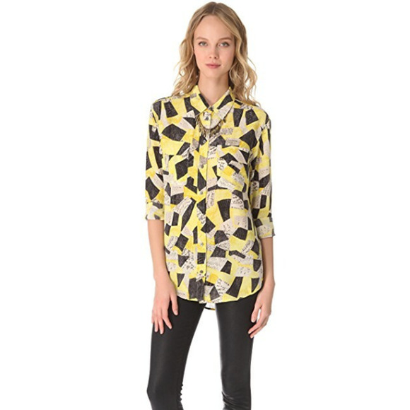 Equipment Femme Silk Patchwork Button Down Blouse in Blazing Yellow Black Size S - Picture 1 of 8